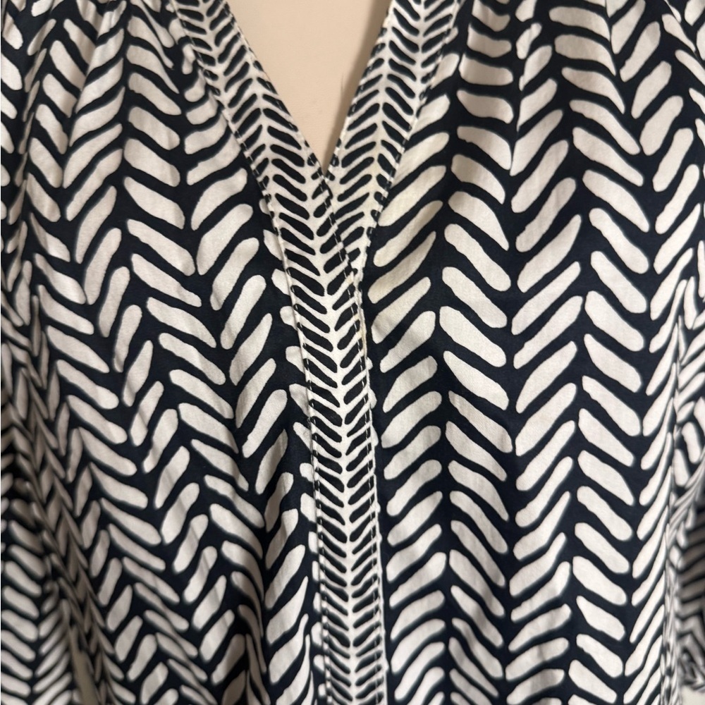 Hatley Black White Cotton Tunic Dress Coverup L Large Boho Print 3/4 Sleeve - Picture 3 of 9